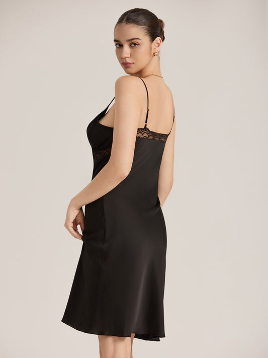 Black Satin Lace Waist Midi Slip Dress