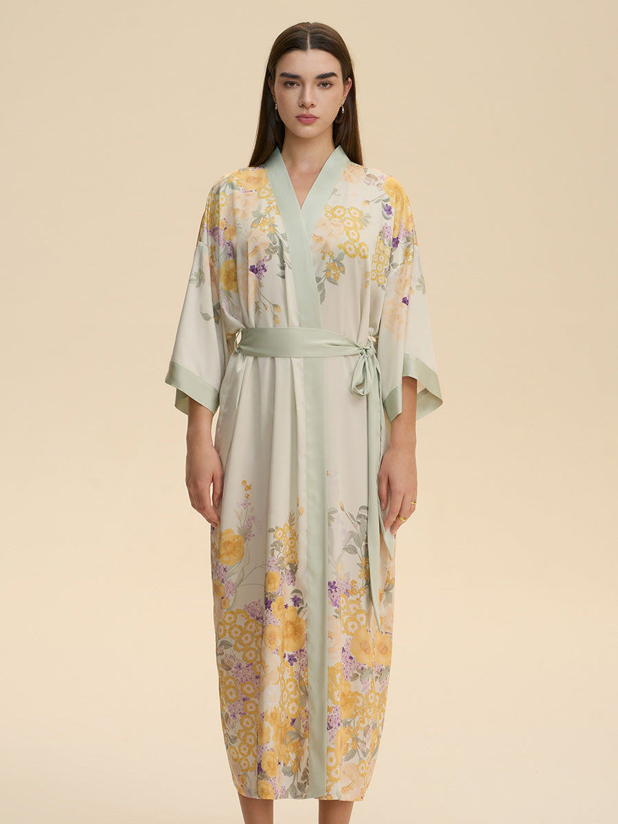 Floral Print Satin Kimono Robe