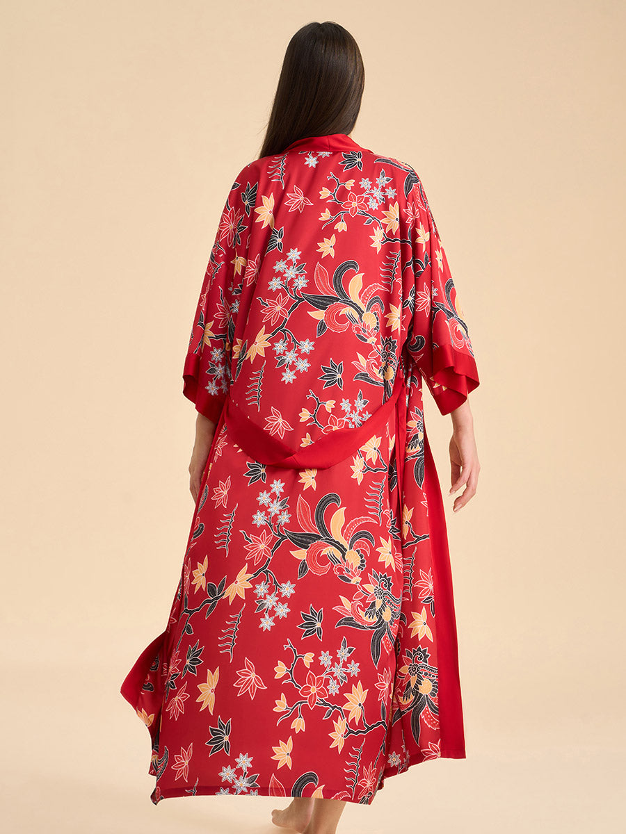 Oriental Floral Satin Kimono Robe