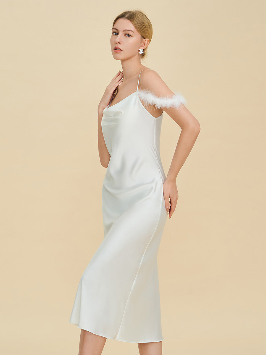 White Satin Midi Slip Dress with Feather Trim