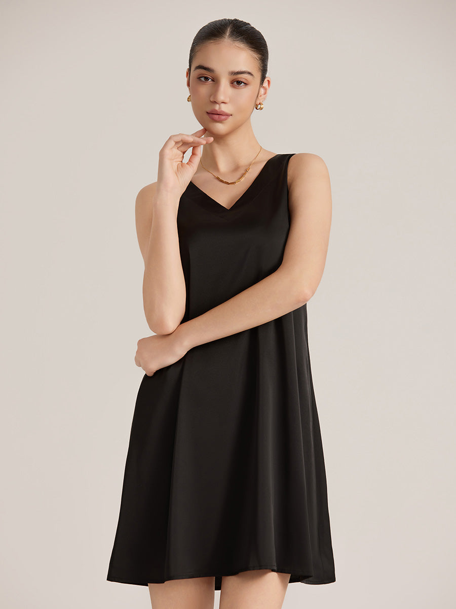 Black Satin Sleeveless Shift Dress