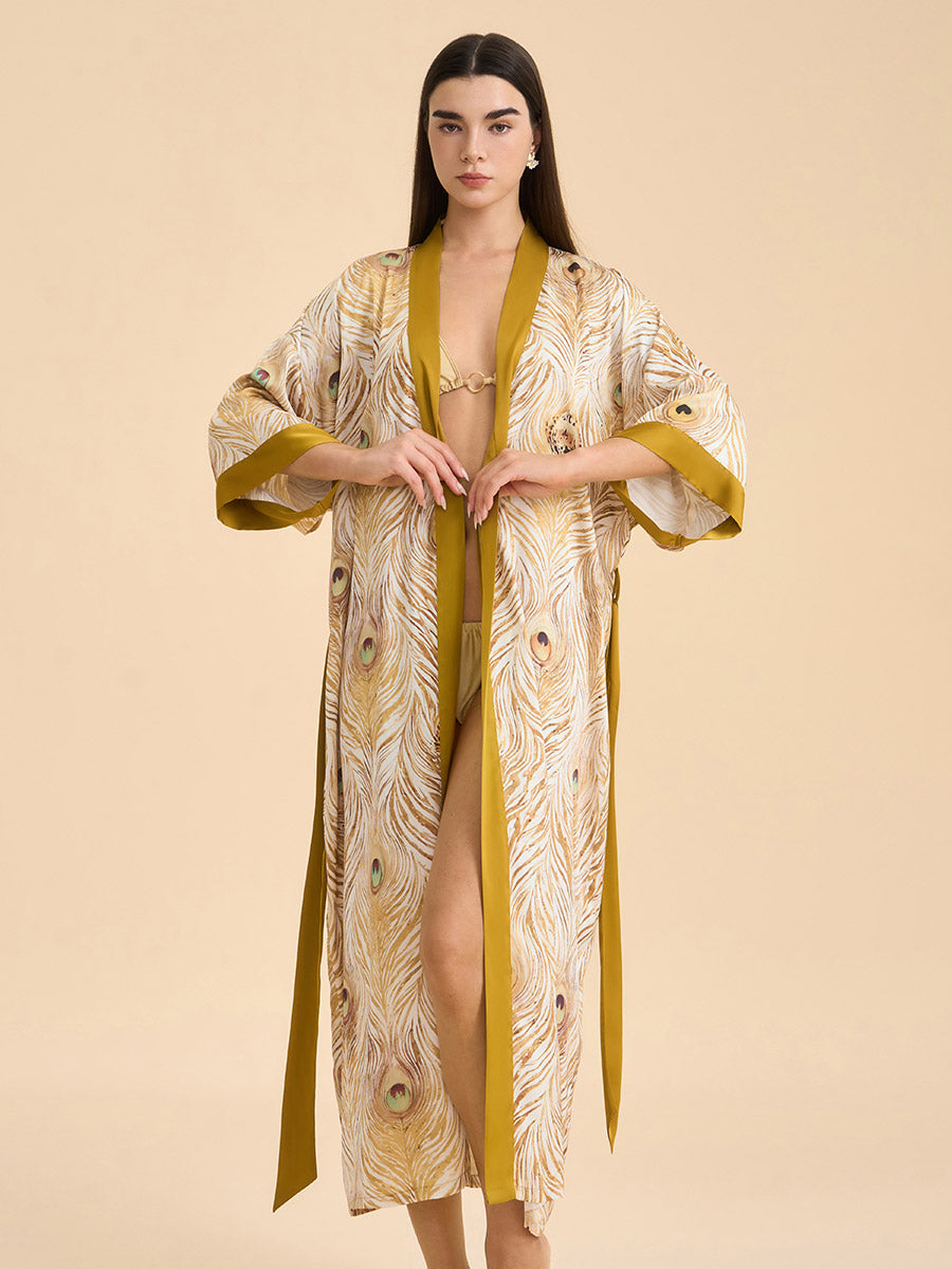 Peacock Feather Satin Kimono Robe