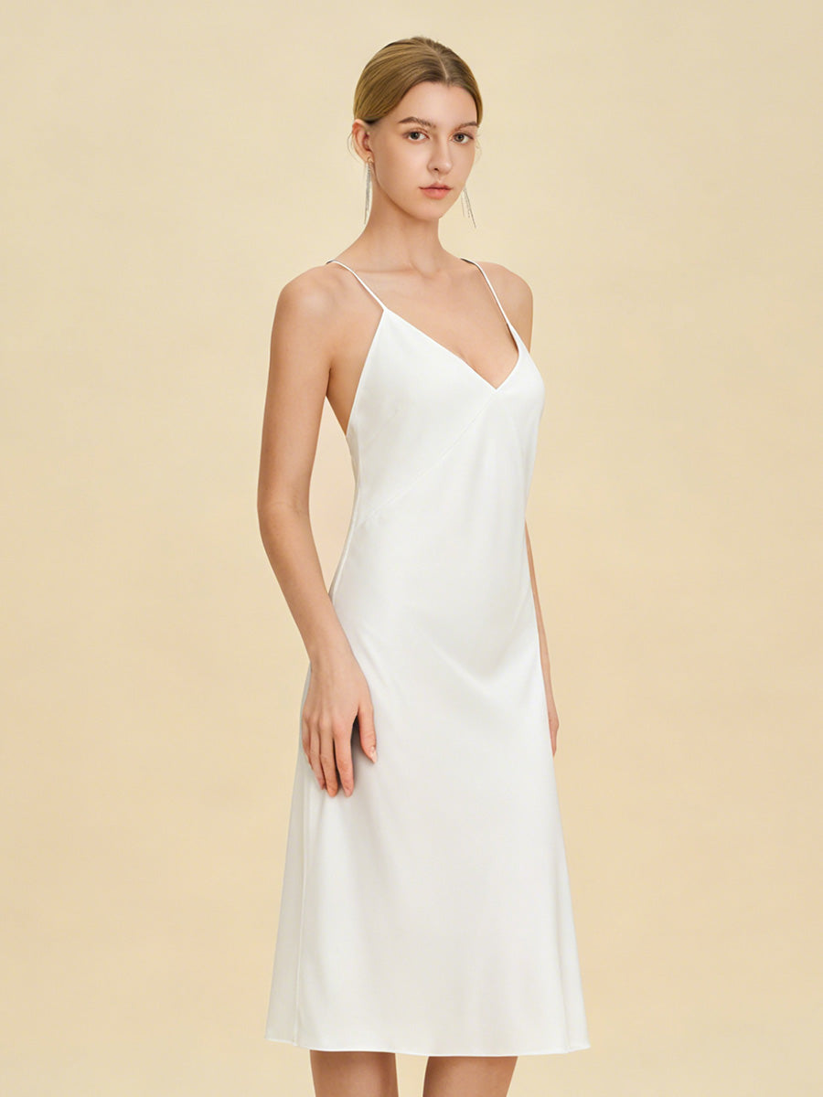 White Satin Midi Slip Dress with Crisscross Back
