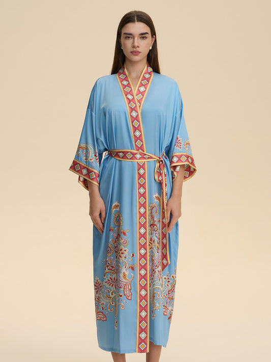 Sky Blue Paisley Satin Kimono Robe