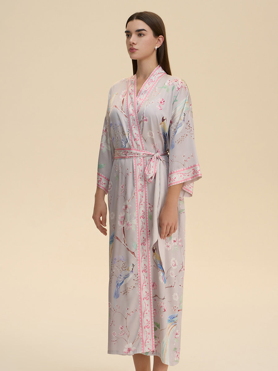 Pastel Bird & Floral Satin Kimono Robe