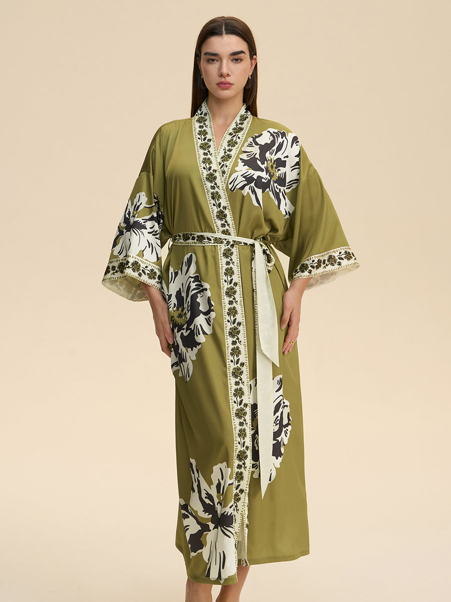 Olive Green Floral Satin Kimono Robe