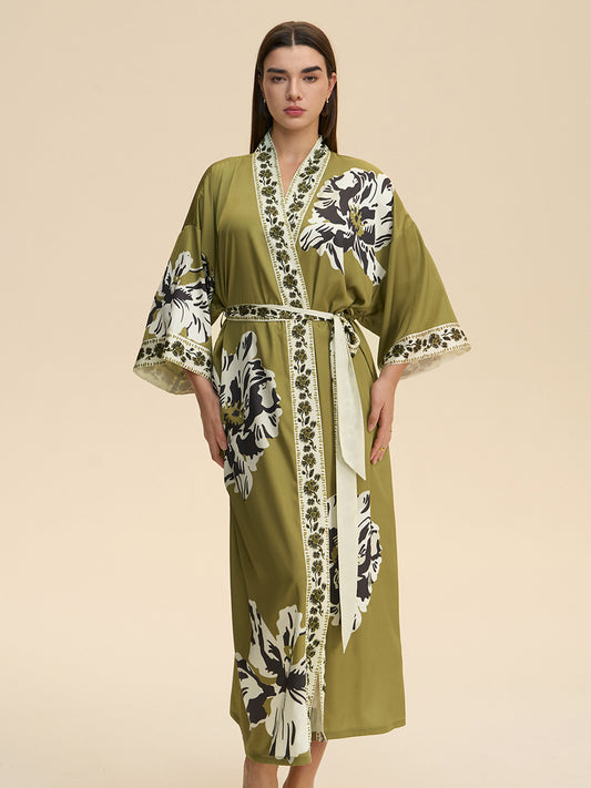 Olive Green Floral Satin Kimono Robe