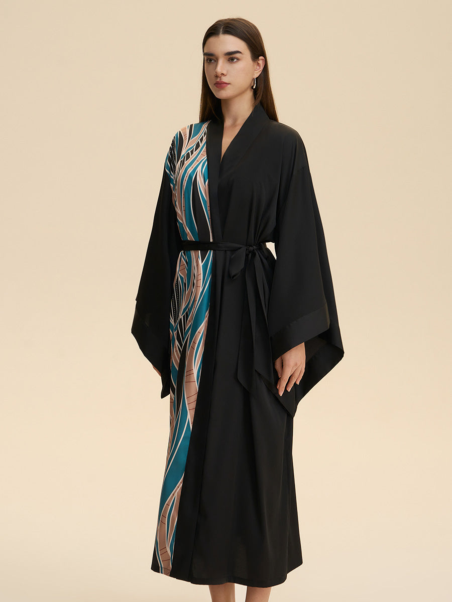 Black Abstract Wave Print Satin Kimono Robe