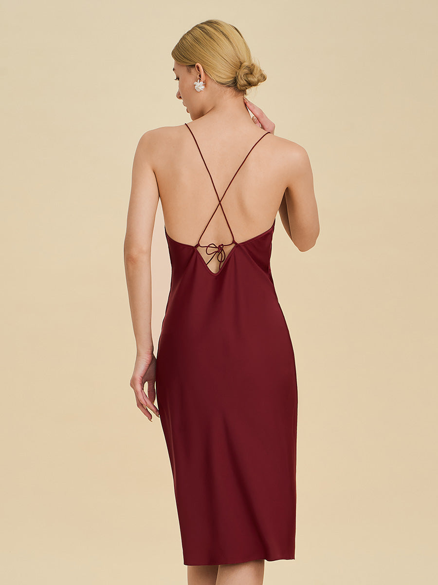 Burgundy Satin Midi Slip Dress with Crisscross Back