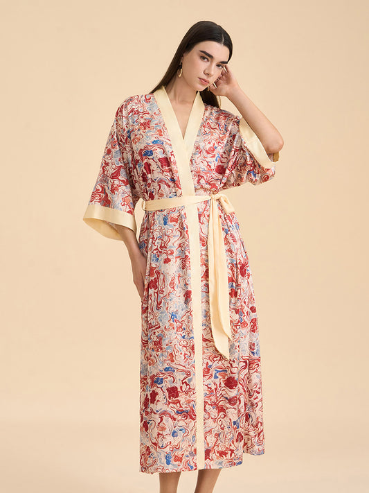 Artistic Marble Print Satin Kimono Robe