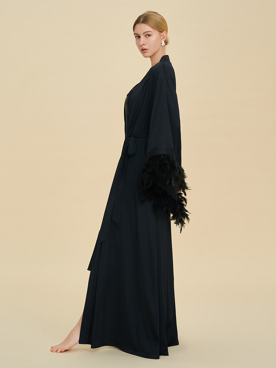 Black Satin Maxi Robe with Oversized Feather Cuffs