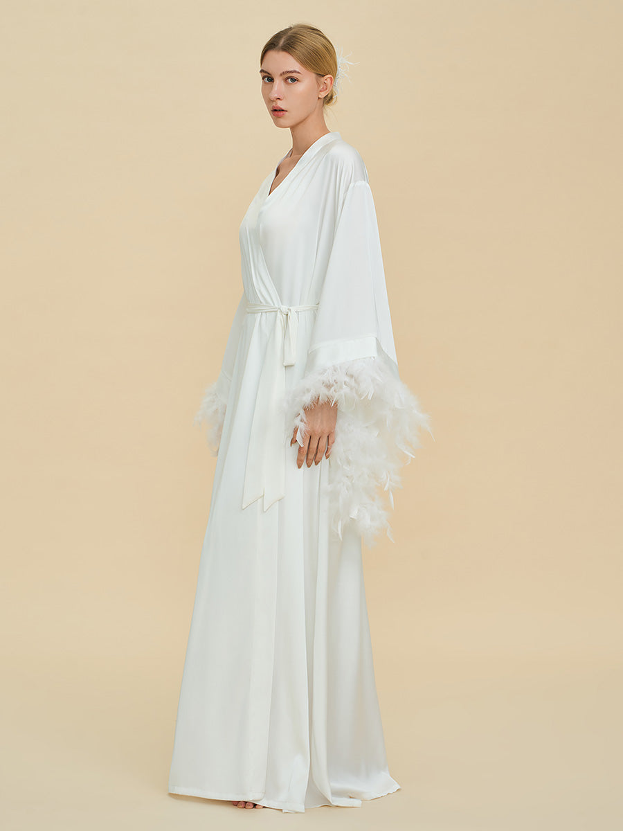 White Satin Maxi Robe with Oversized Feather Cuffs