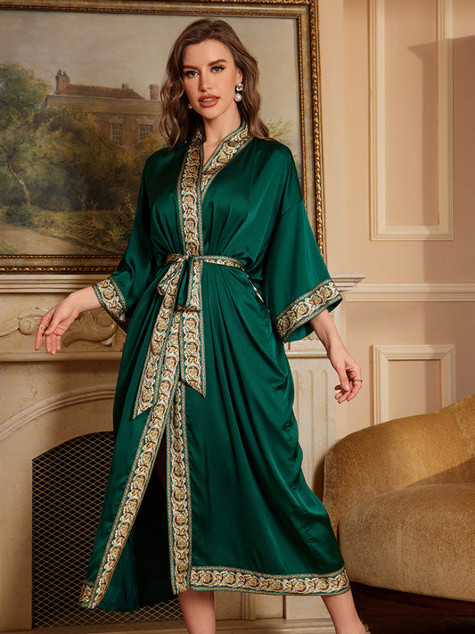 Emerald Trim Satin Chiffon Kimono Robe