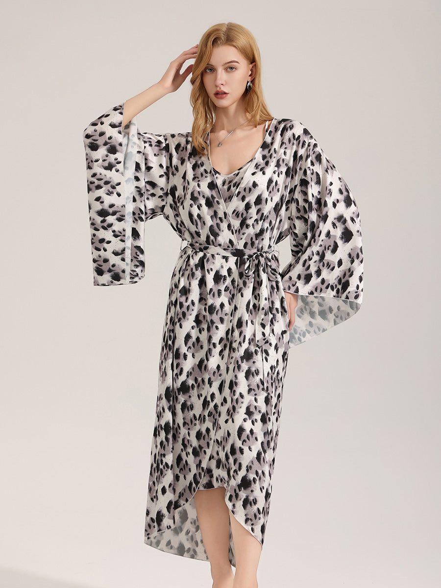 Leopard Print Satin Kimono Robe