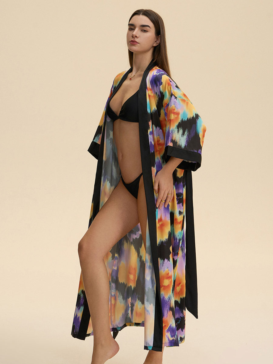 Tie-Dye Floral Satin Kimono Robe