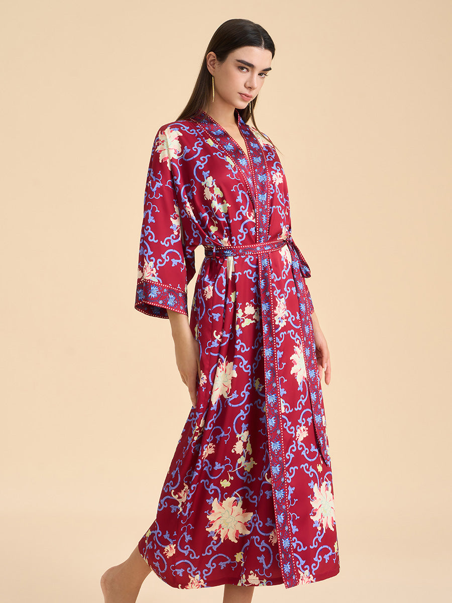 Crimson Floral Satin Kimono Robe