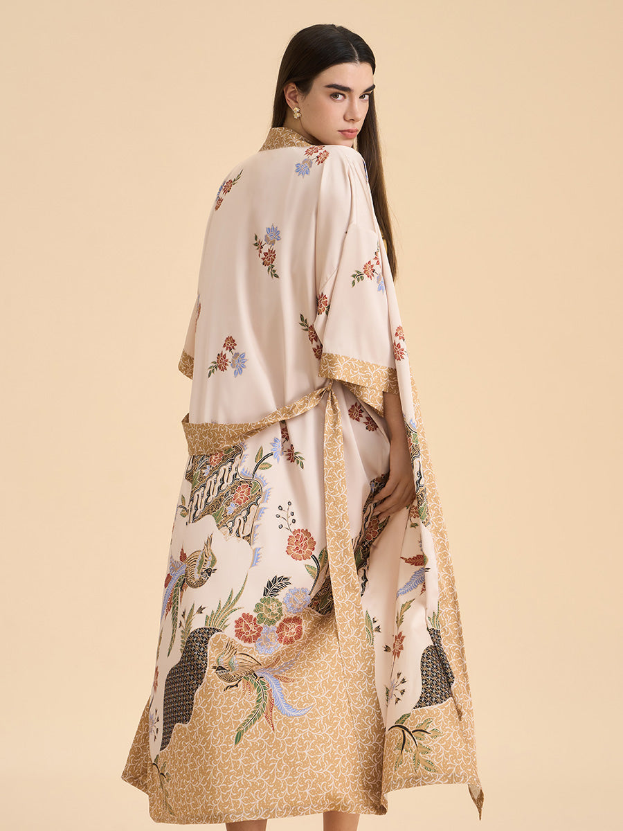 Oriental Bird & Floral Satin Kimono Robe