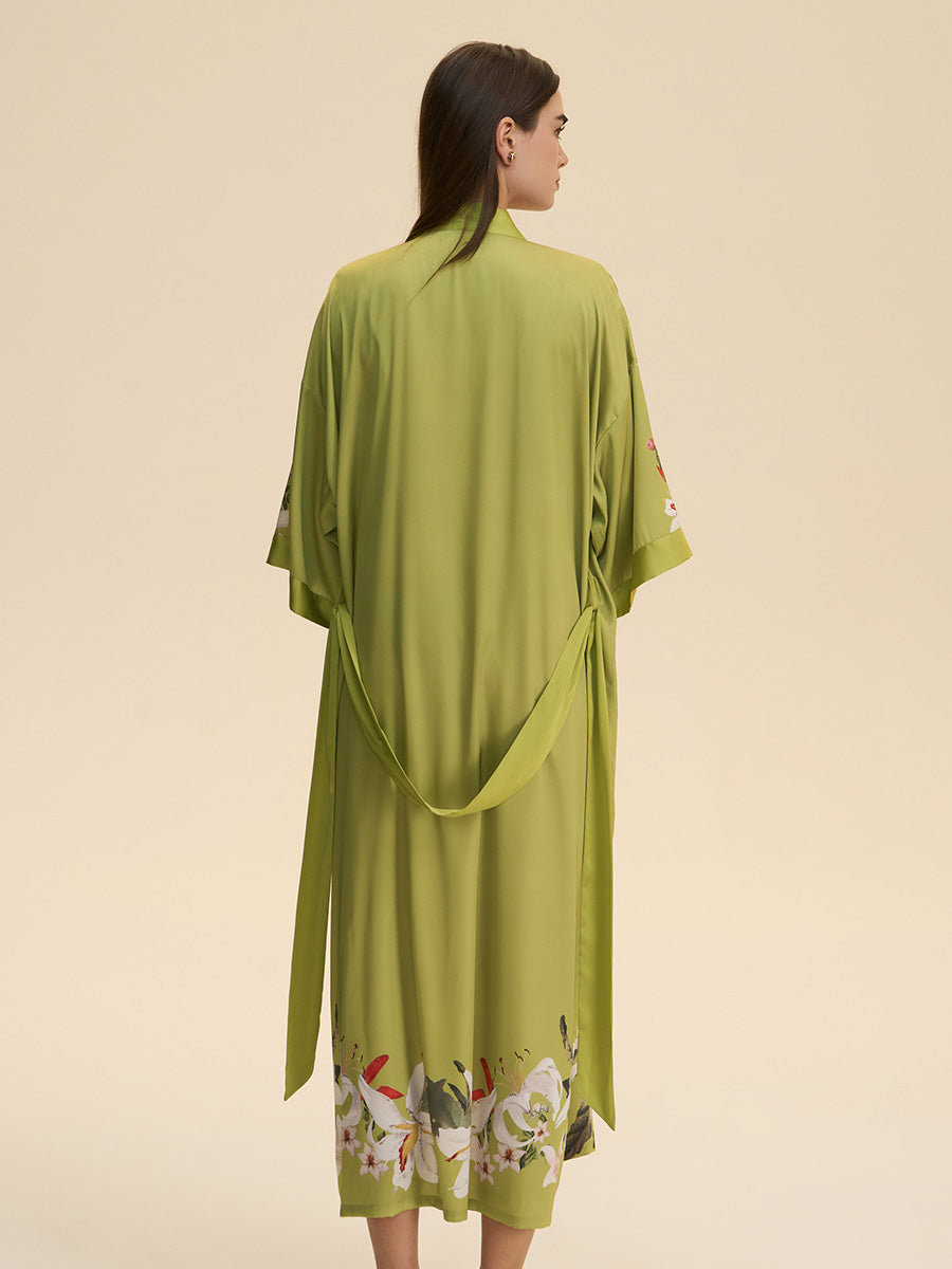 Lily Print Satin Kimono Robe