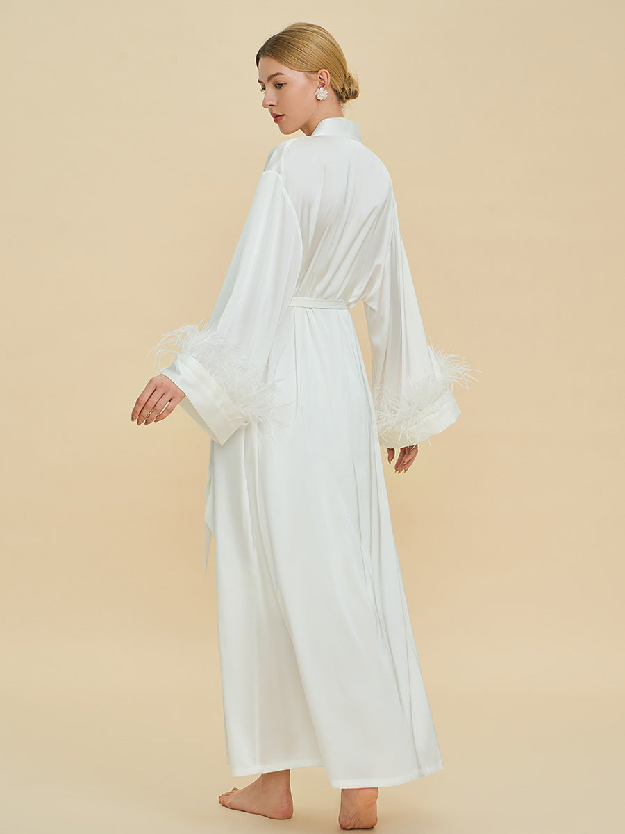 White Satin Maxi Robe with Feather Cuffs