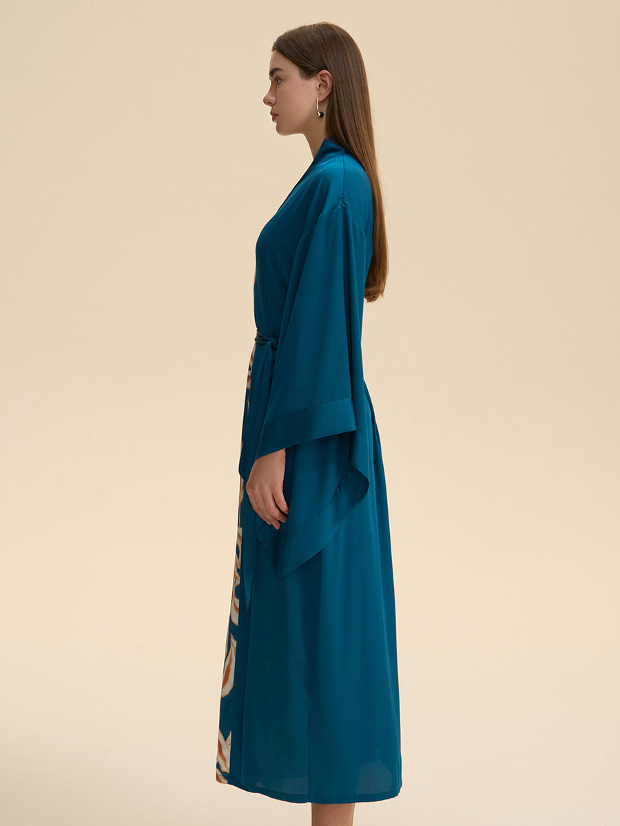 Teal Leaf Print Satin Kimono Robe