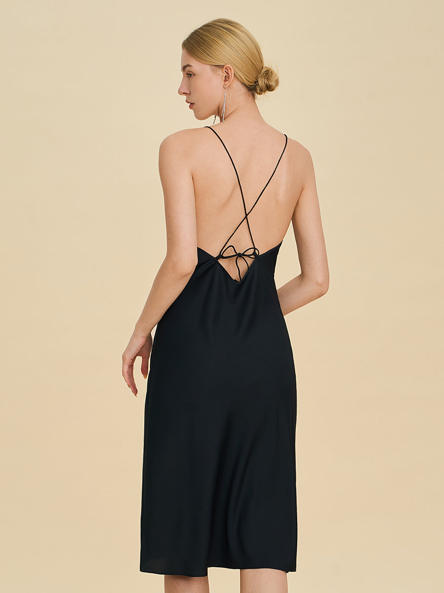Black Satin Midi Slip Dress with Crisscross Back