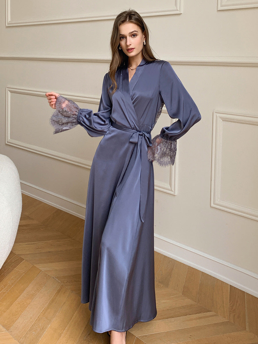 Dusty Blue Satin Chiffon Maxi Robe