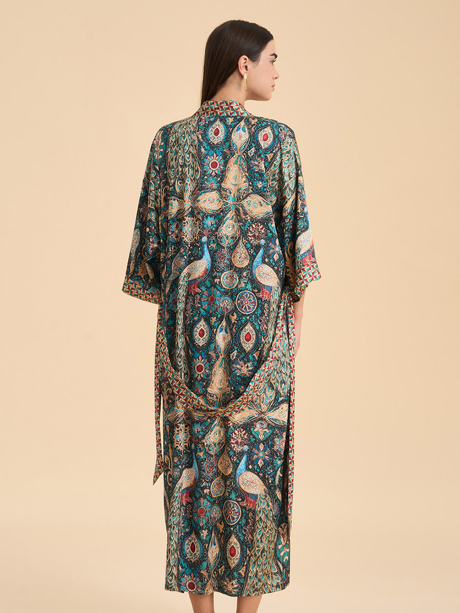 Peacock Print Satin Kimono Robe
