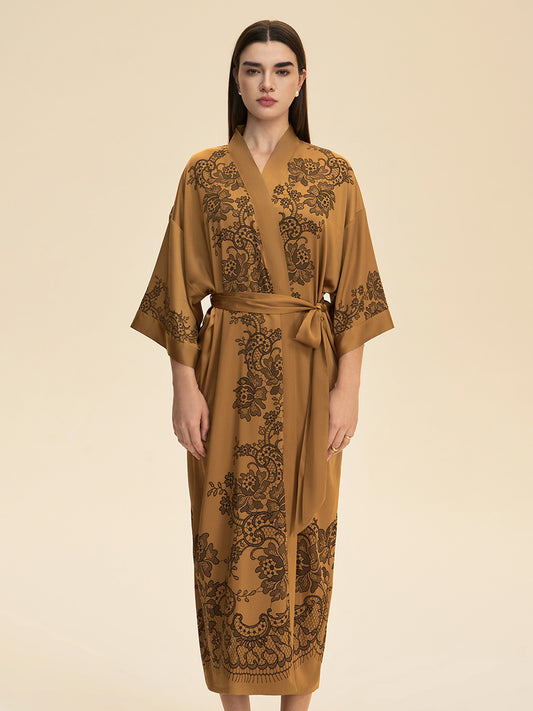 Lace Print Satin Kimono Robe