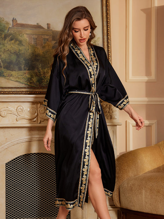 Black Trim Satin Chiffon Kimono Robe
