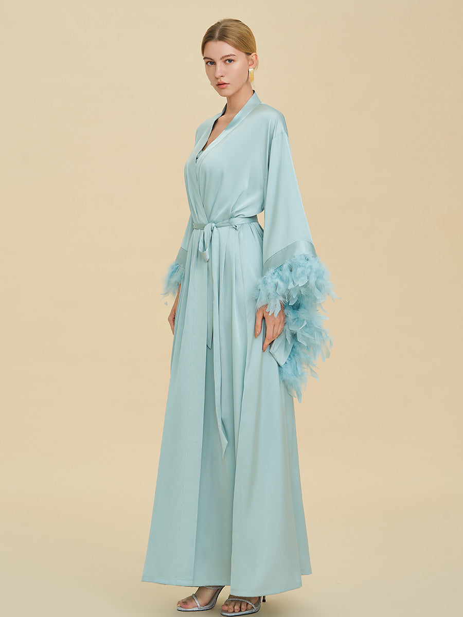 Light Blue Satin Maxi Robe with Oversized Feather Cuffs