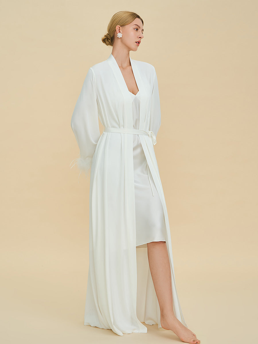 White Satin Maxi Robe with Feather Cuffs