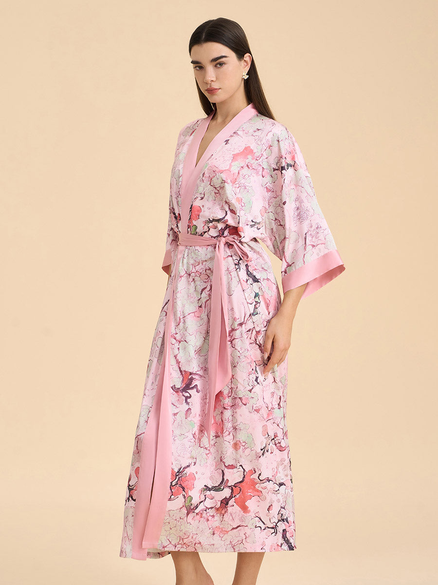 Pink Oriental Vine Satin Kimono Robe
