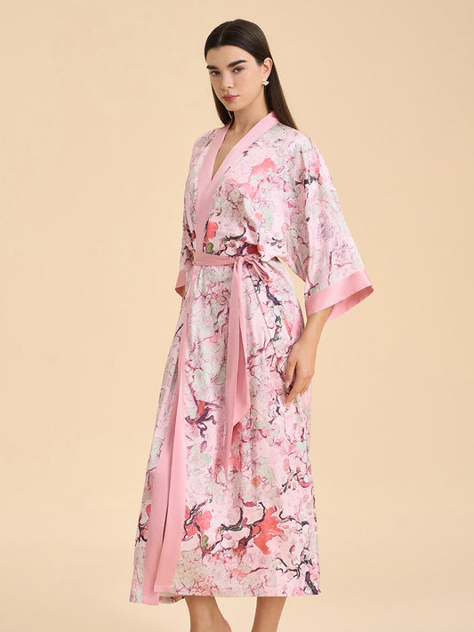 Pink Oriental Vine Satin Kimono Robe