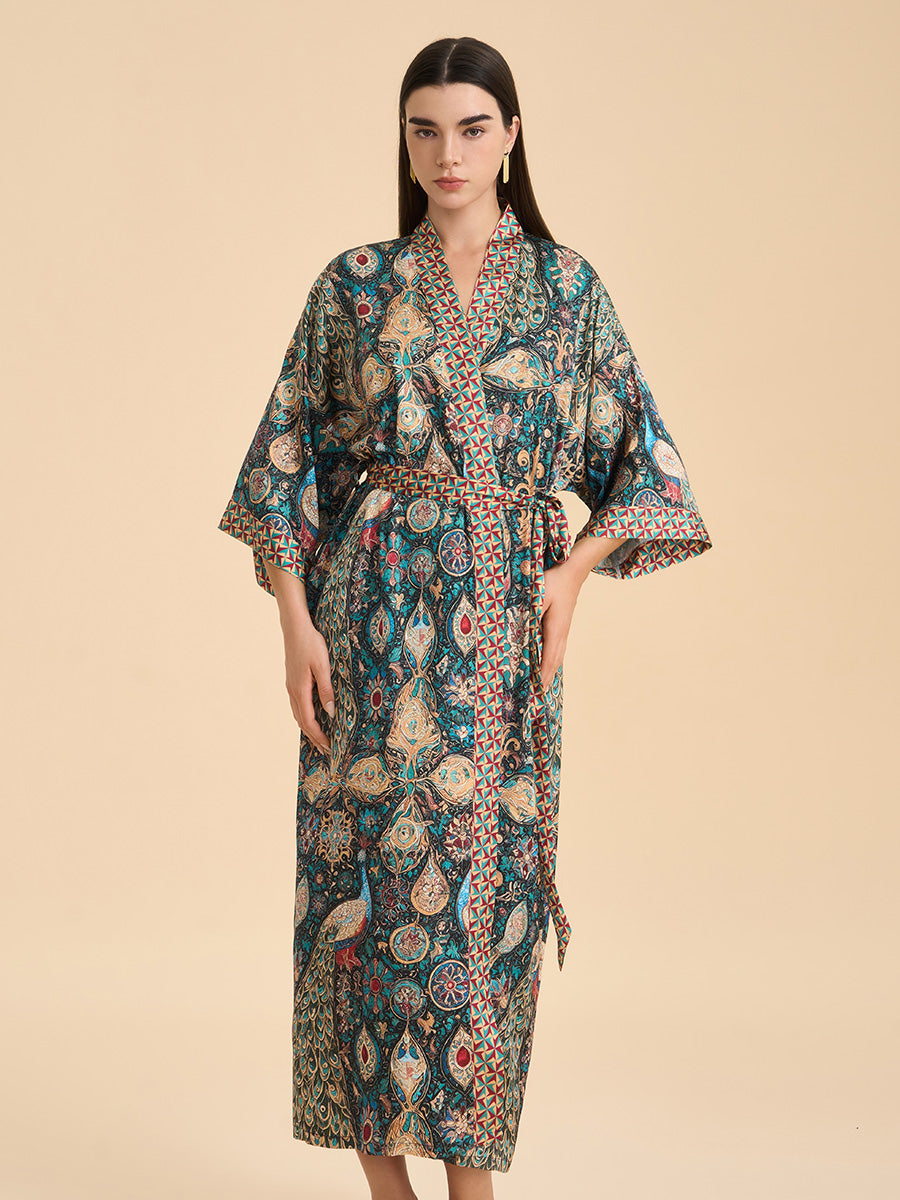Peacock Print Satin Kimono Robe