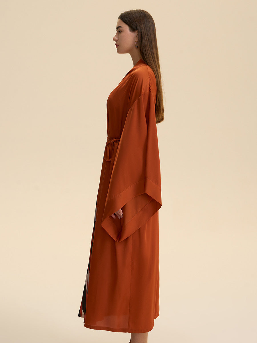 Rust Abstract Stripe Print Satin Kimono Robe
