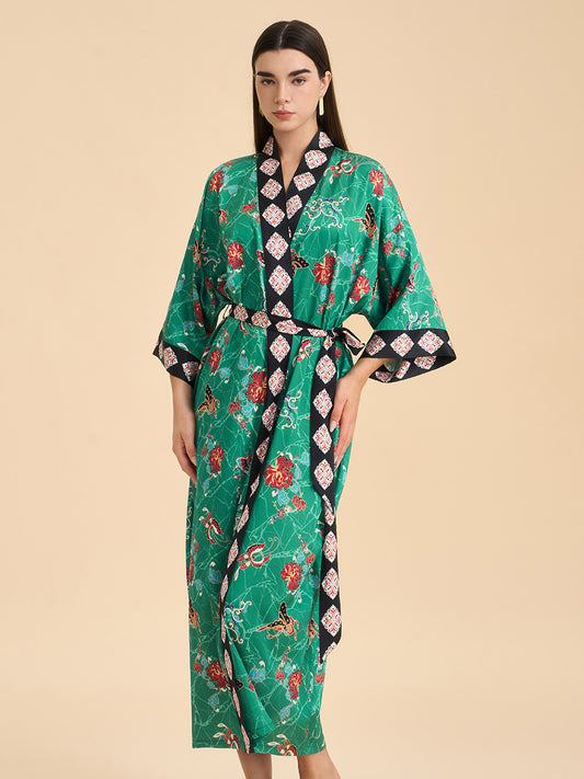 Green Floral Butterfly Satin Kimono Robe