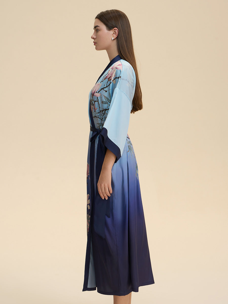 Magnolia Print Ombre Satin Kimono Robe