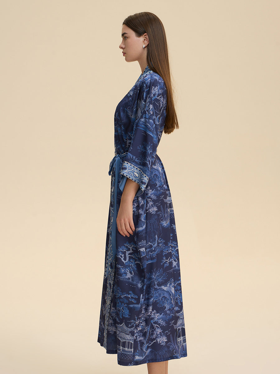 Blue Willow Landscape Satin Kimono Robe