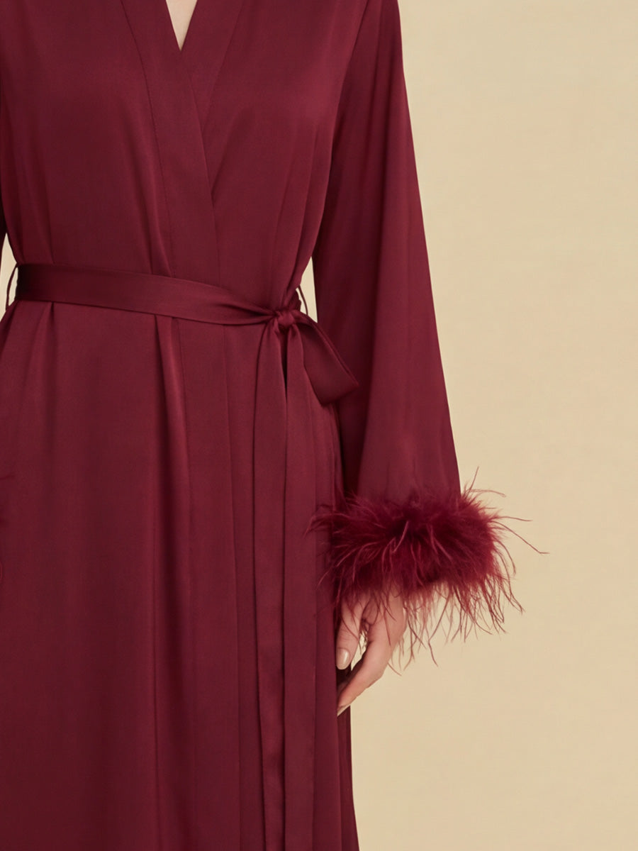 Burgundy Satin Maxi Robe with Feather Cuffs