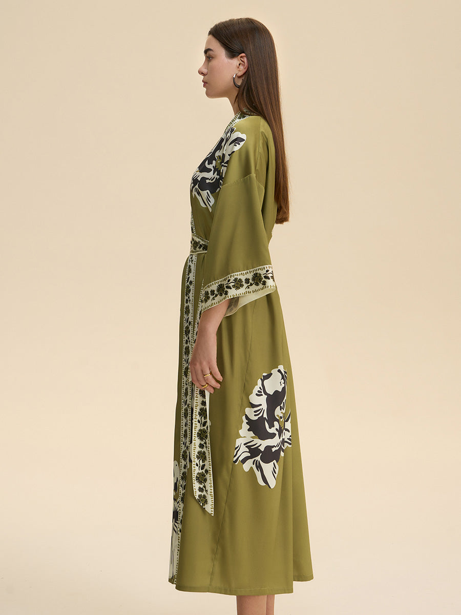 Olive Green Floral Satin Kimono Robe