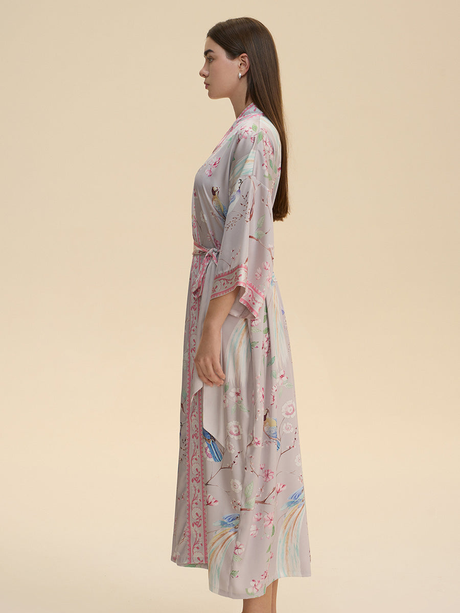 Pastel Bird & Floral Satin Kimono Robe