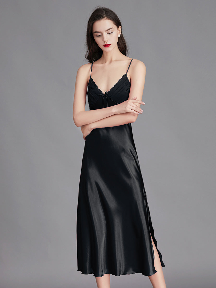 Black Silky Lace Trim Slip Dress