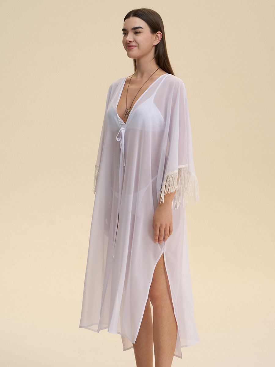 Fringe Trim Sheer Cover-Up Robe