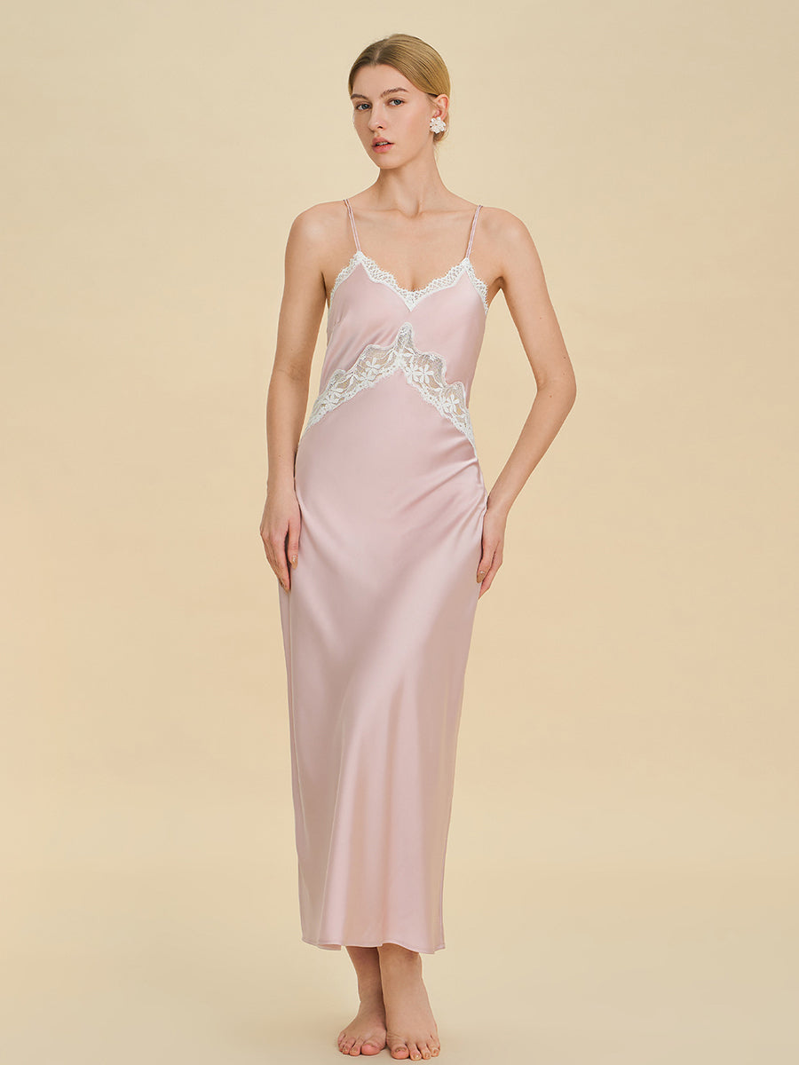 Blush Pink Satin Maxi Slip Dress with Lace Trim
