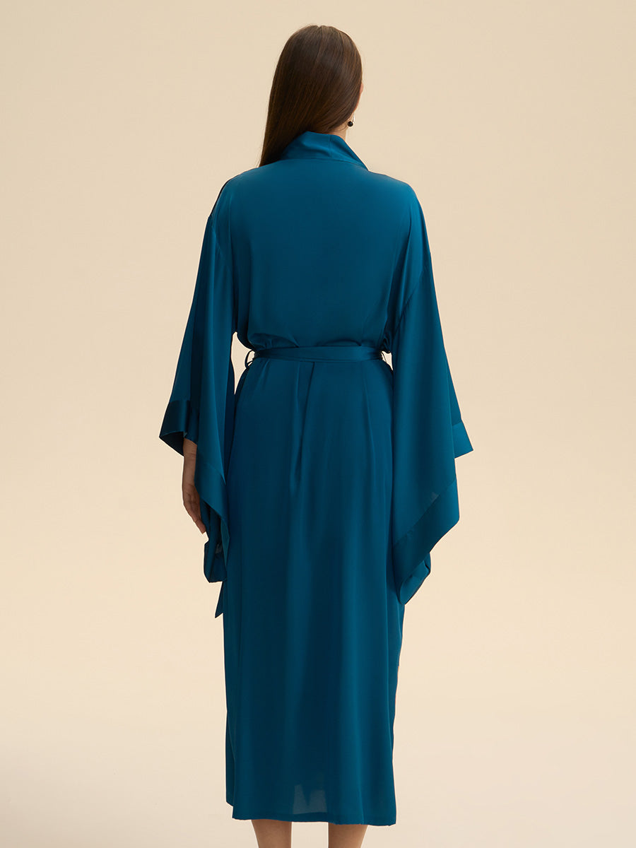 Teal Leaf Print Satin Kimono Robe