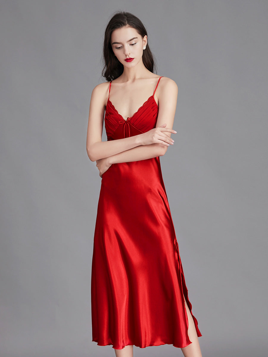 Red Silky Lace Trim Slip Dress