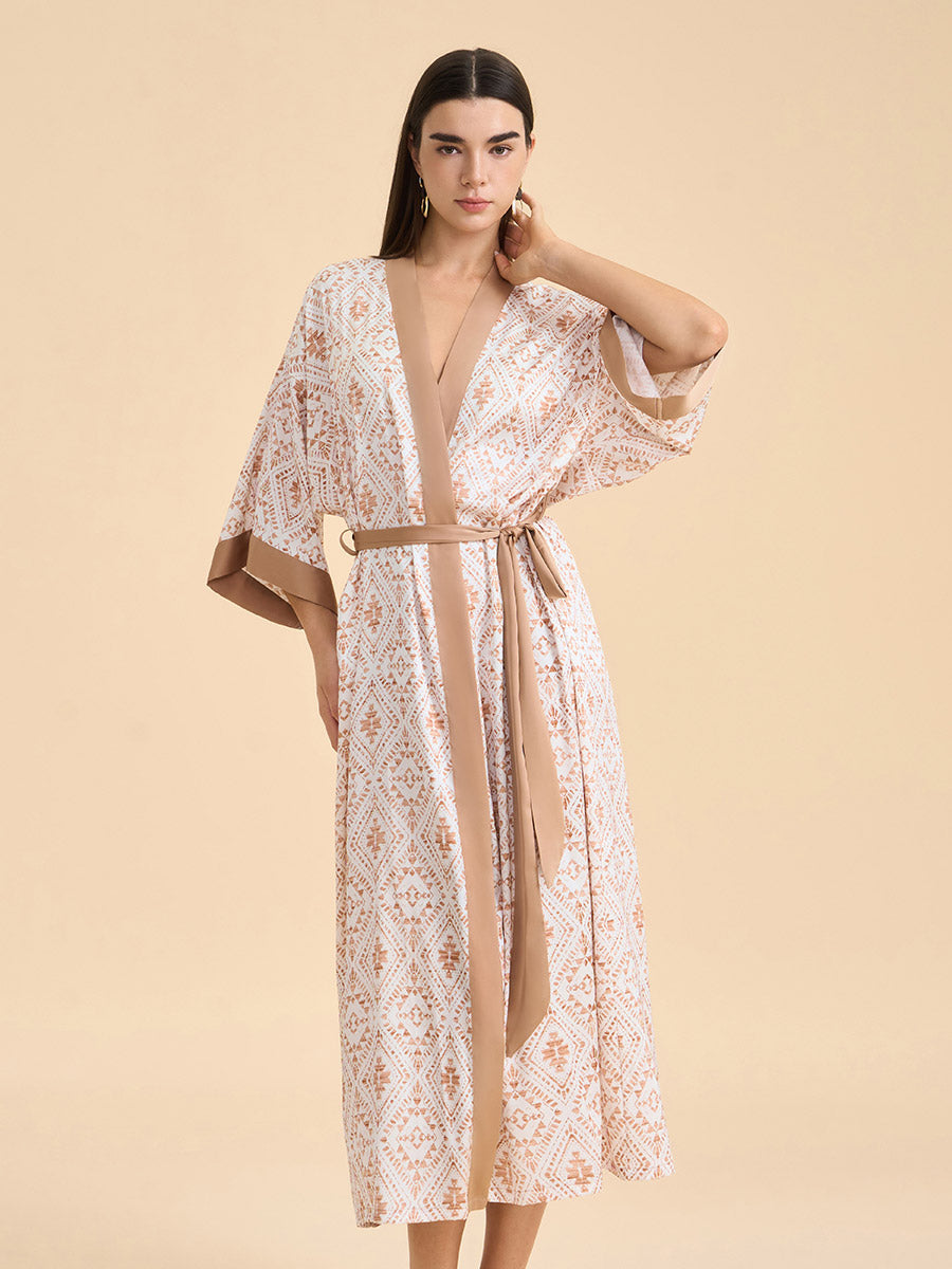 Geometric Jacquard Satin Kimono Robe
