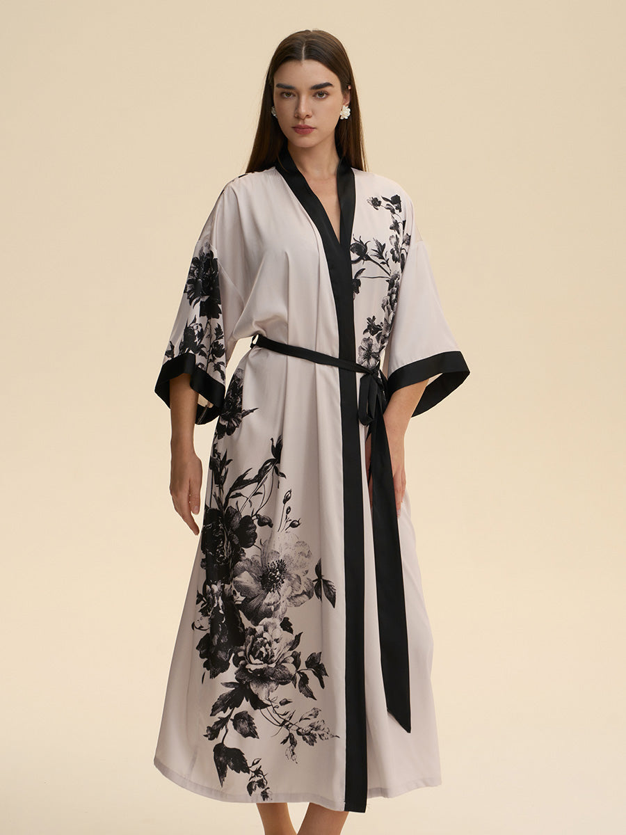 Monochrome Floral Satin Kimono Robe