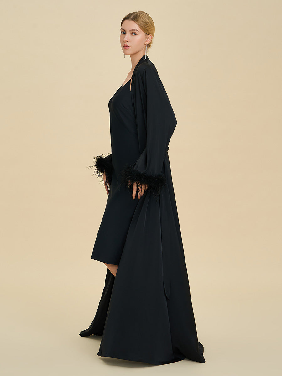 Black Satin Maxi Robe with Feather Cuffs