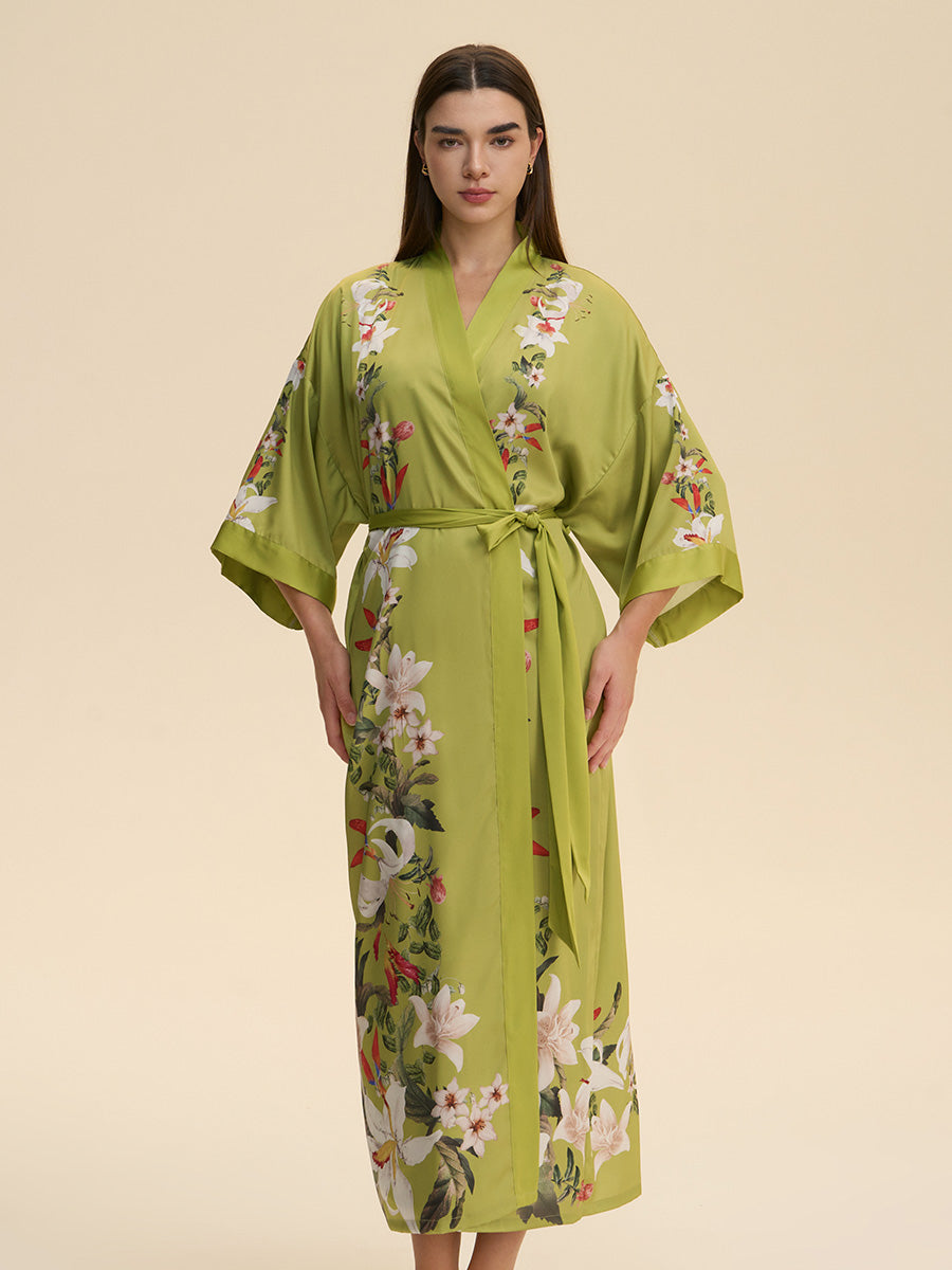 Lily Print Satin Kimono Robe